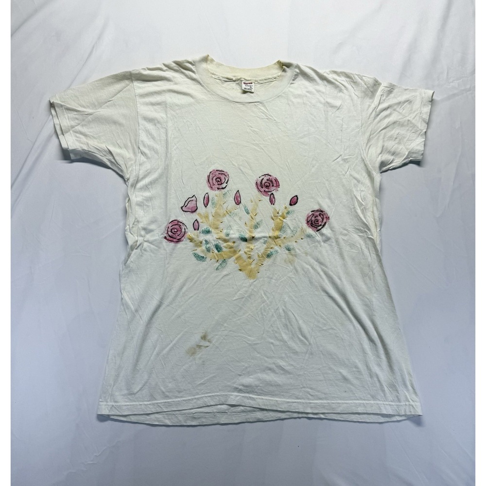 Vintage 90s Hanes Classics Floral Rose Graphic tee white USA T-shirt XL